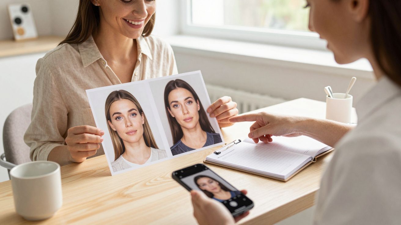 Women at a desk discussing printed photos, one holding a phone and a clipboard, the other smiling with two photos in hand.