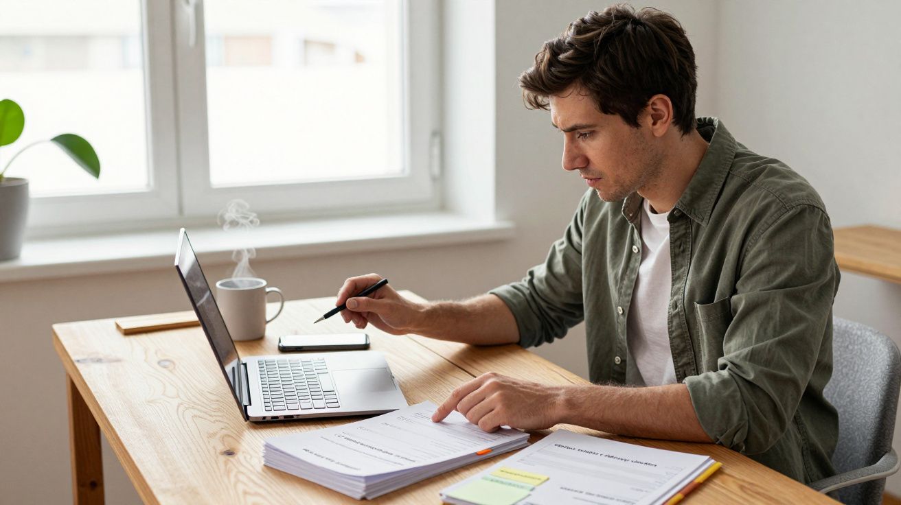 Man working on a laptop with papers on a desk, near a window with a cup of coffee.