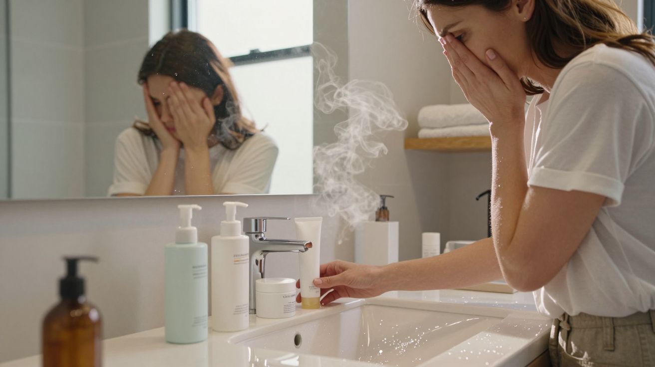Woman standing at a bathroom sink, washing her face with steaming water, surrounded by skincare products.