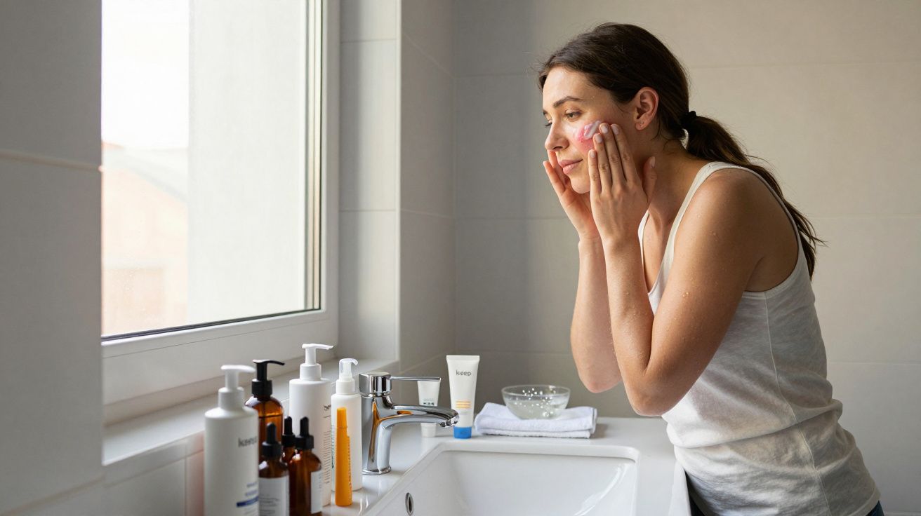 Woman in white tank top applying skincare cream to her face, standing by a bathroom sink with skincare products.