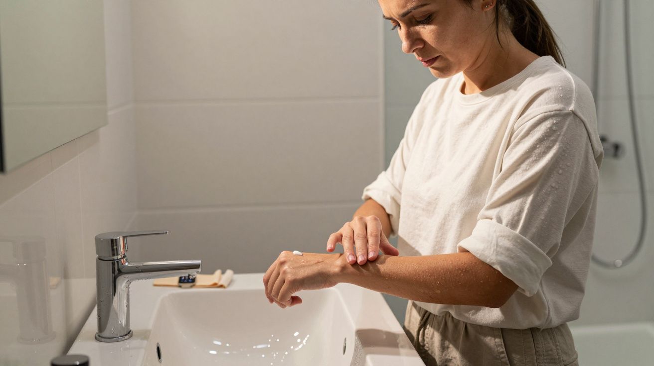 Woman in a bathroom applies lotion to her hands over a white sink.