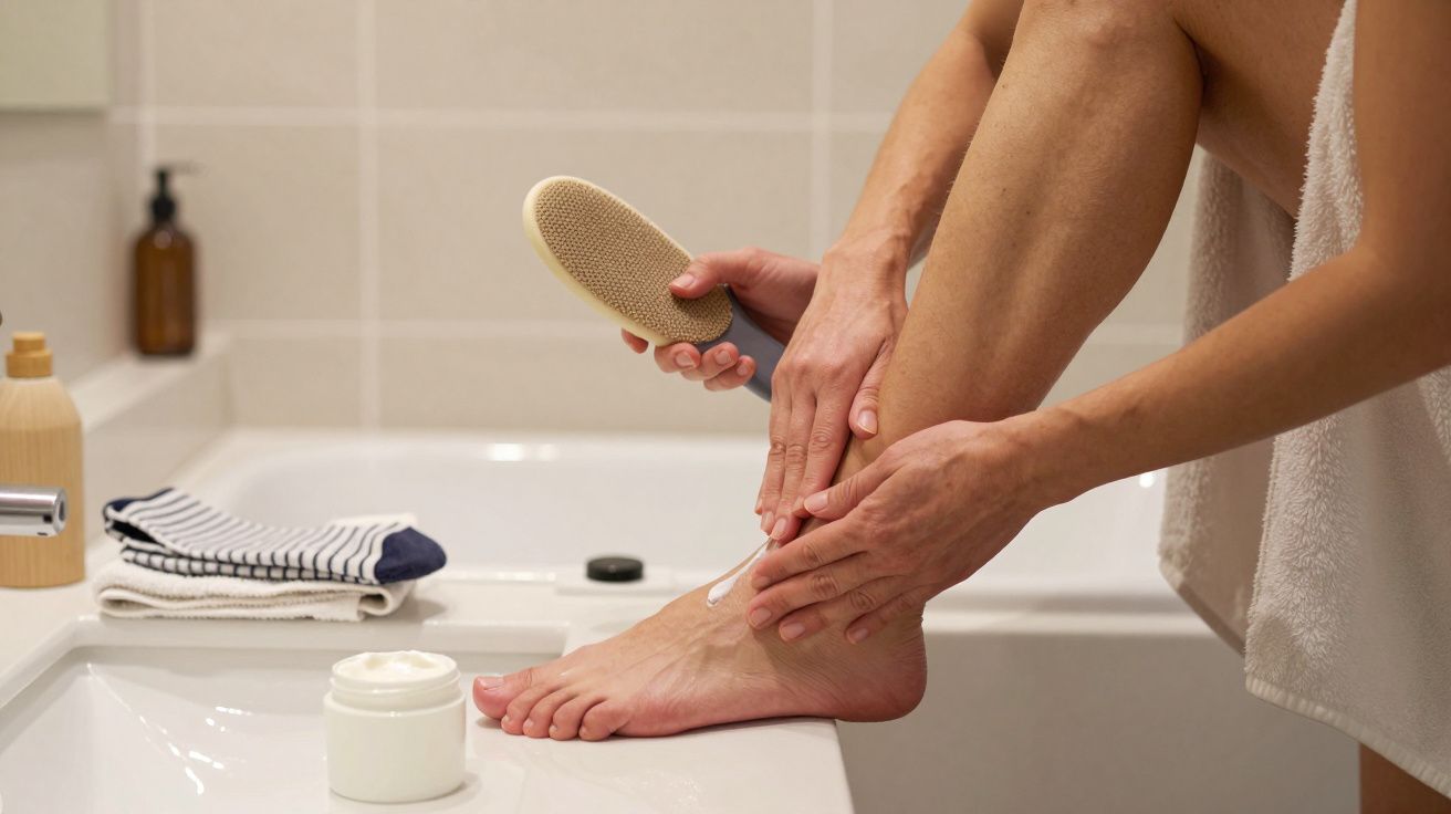 Person exfoliating their feet with a brush and applying cream in a bathroom setting.
