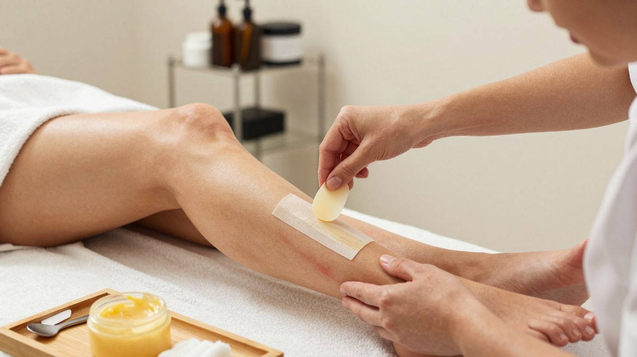 A person applying a wax strip to a woman's lower leg in a spa setting.