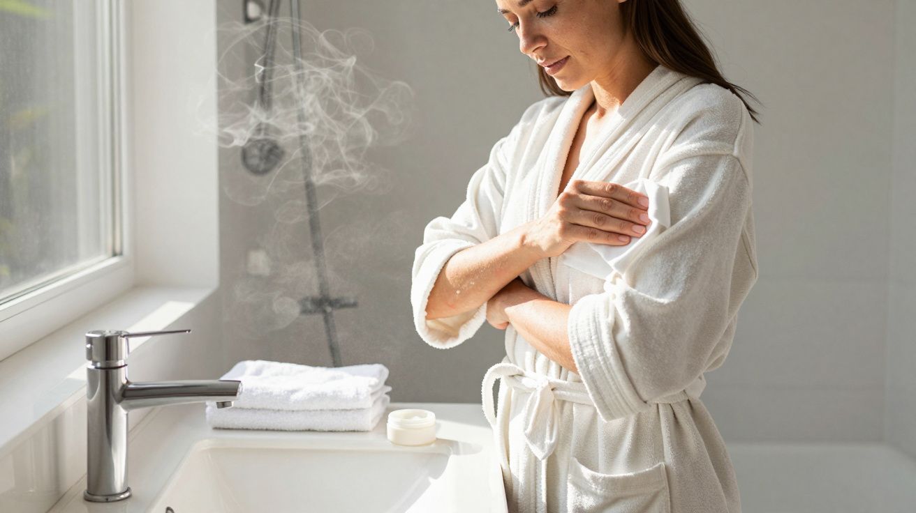Woman in white bathrobe applying cream in a steamy bathroom near a sink and towels.